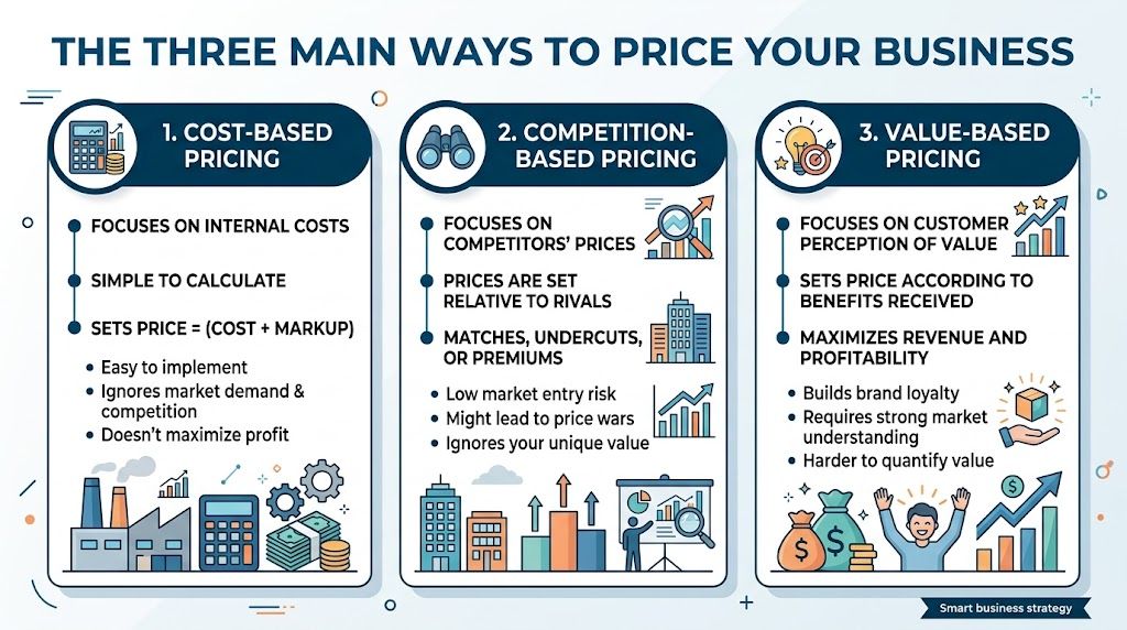 An infographic titled The Three Main Ways to Price Your Business covering cost-based, competition-based, and value-based strategies.