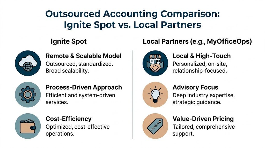 A comparison chart outlining the service model differences between Ignite Spot and local accounting partners.