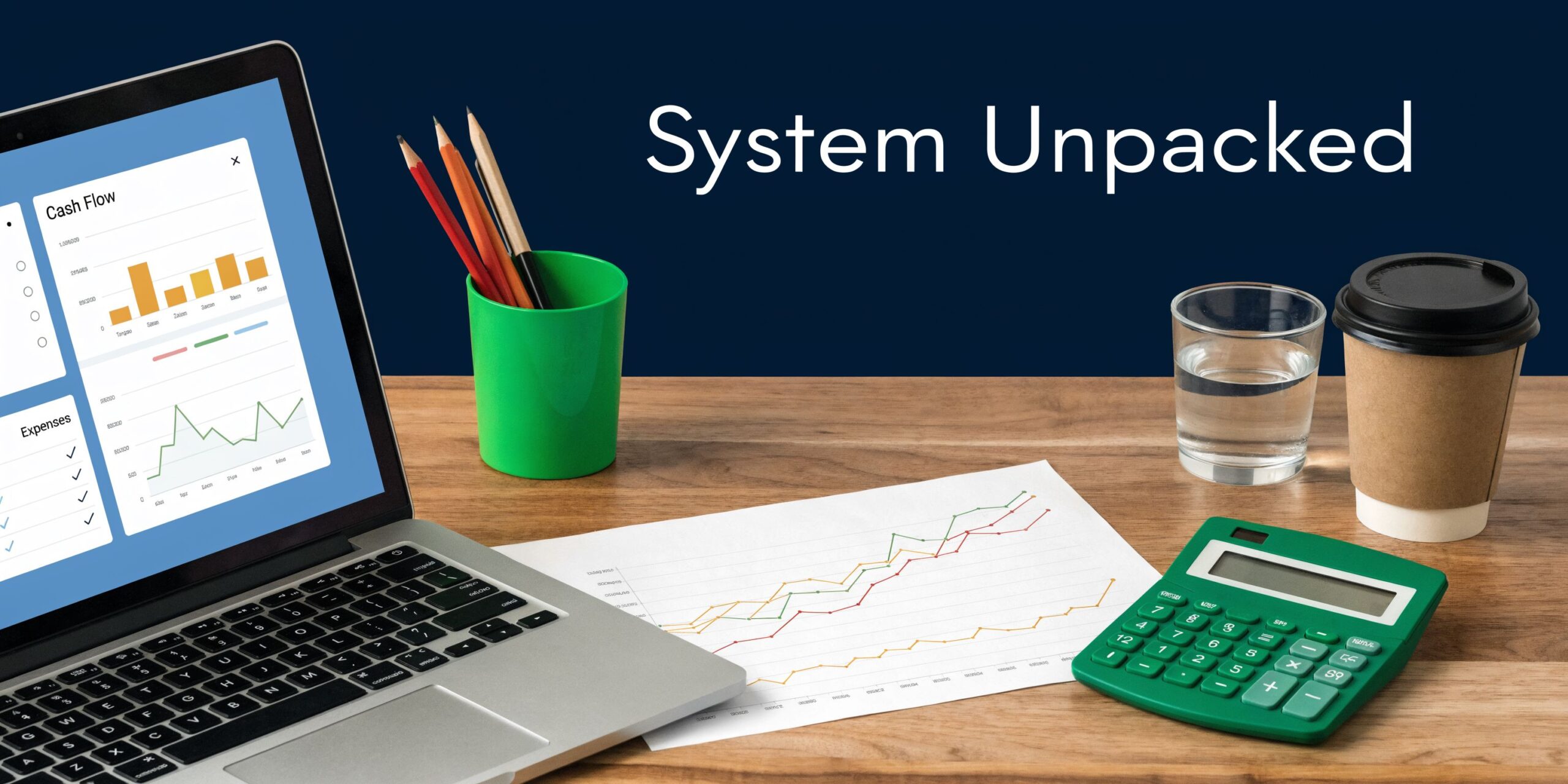 A modern workspace with a laptop displaying financial charts, a calculator, pencils, and a coffee cup.