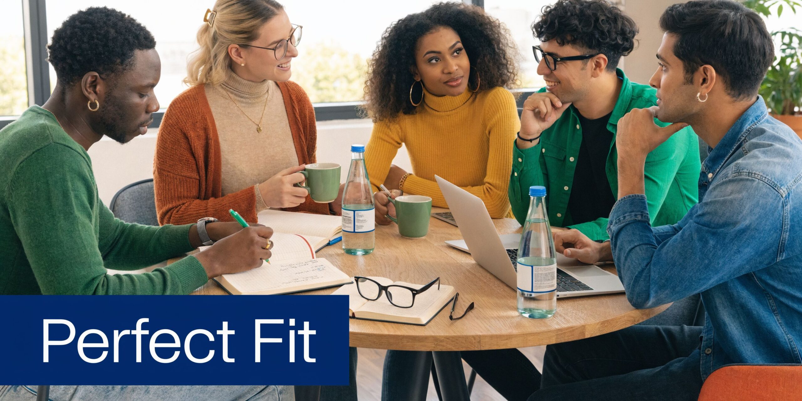 A diverse group of professionals collaborating and brainstorming ideas while sitting around a wooden table in office.