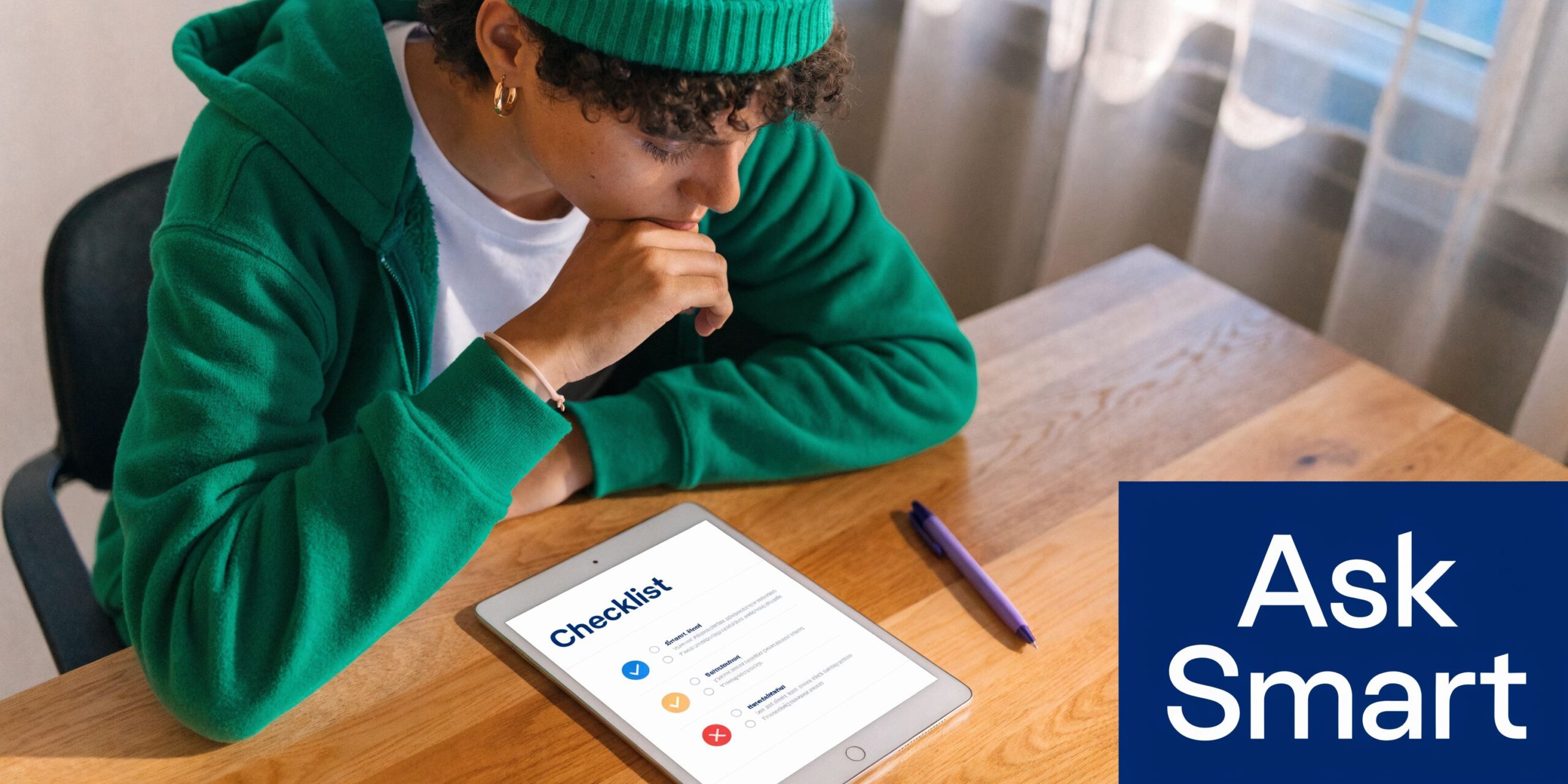 A young person in a green hoodie looking thoughtfully at a digital checklist on a tablet screen.