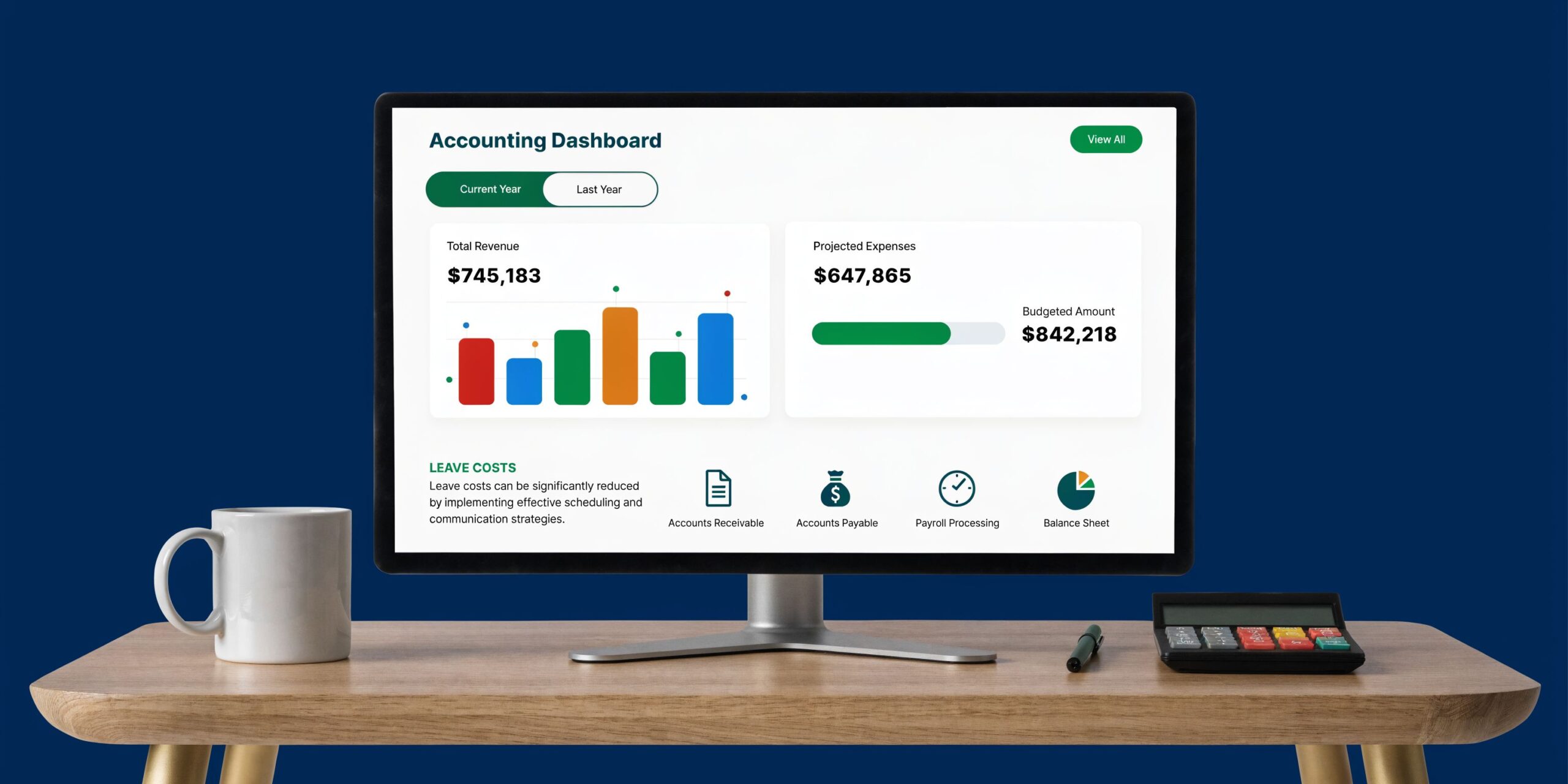 A computer screen displaying an accounting dashboard with revenue and expense charts on a wooden desk.
