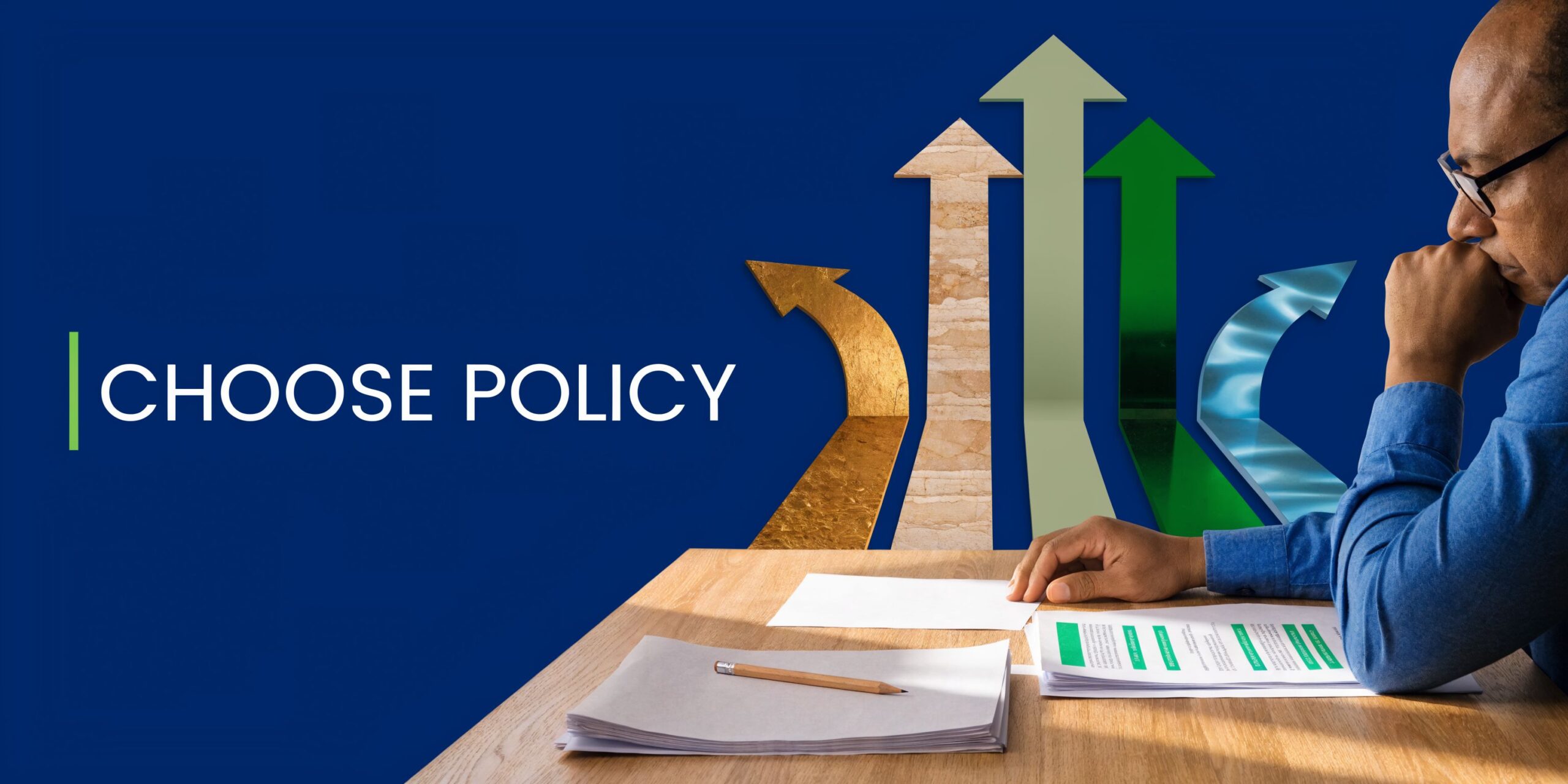 A man sits at a desk considering multiple policy options represented by colorful arrows on a blue background.