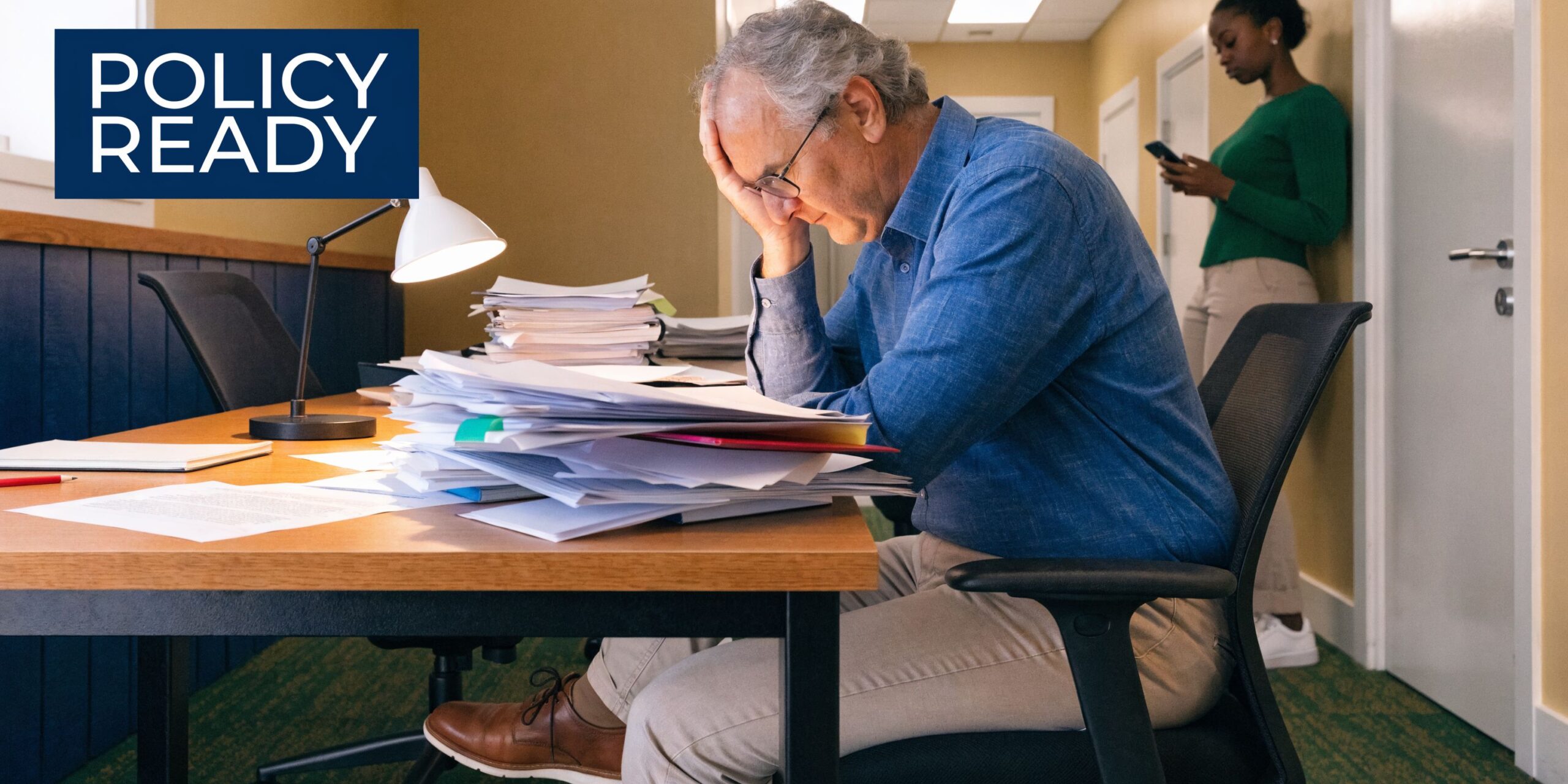 An elderly businessman sitting at an office desk feeling stressed and overwhelmed by a stack of paperwork.