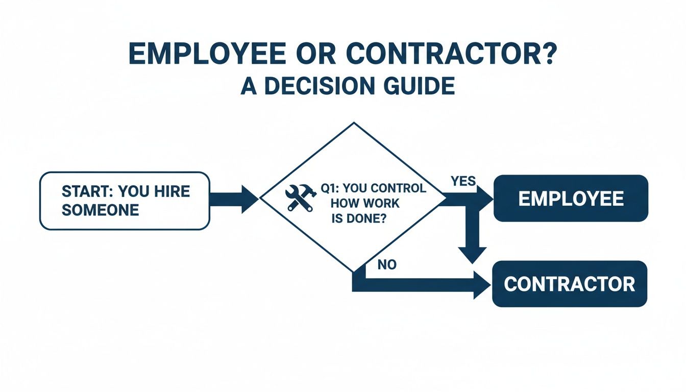 Flowchart guiding the decision between hiring an employee or a contractor based on control over work.