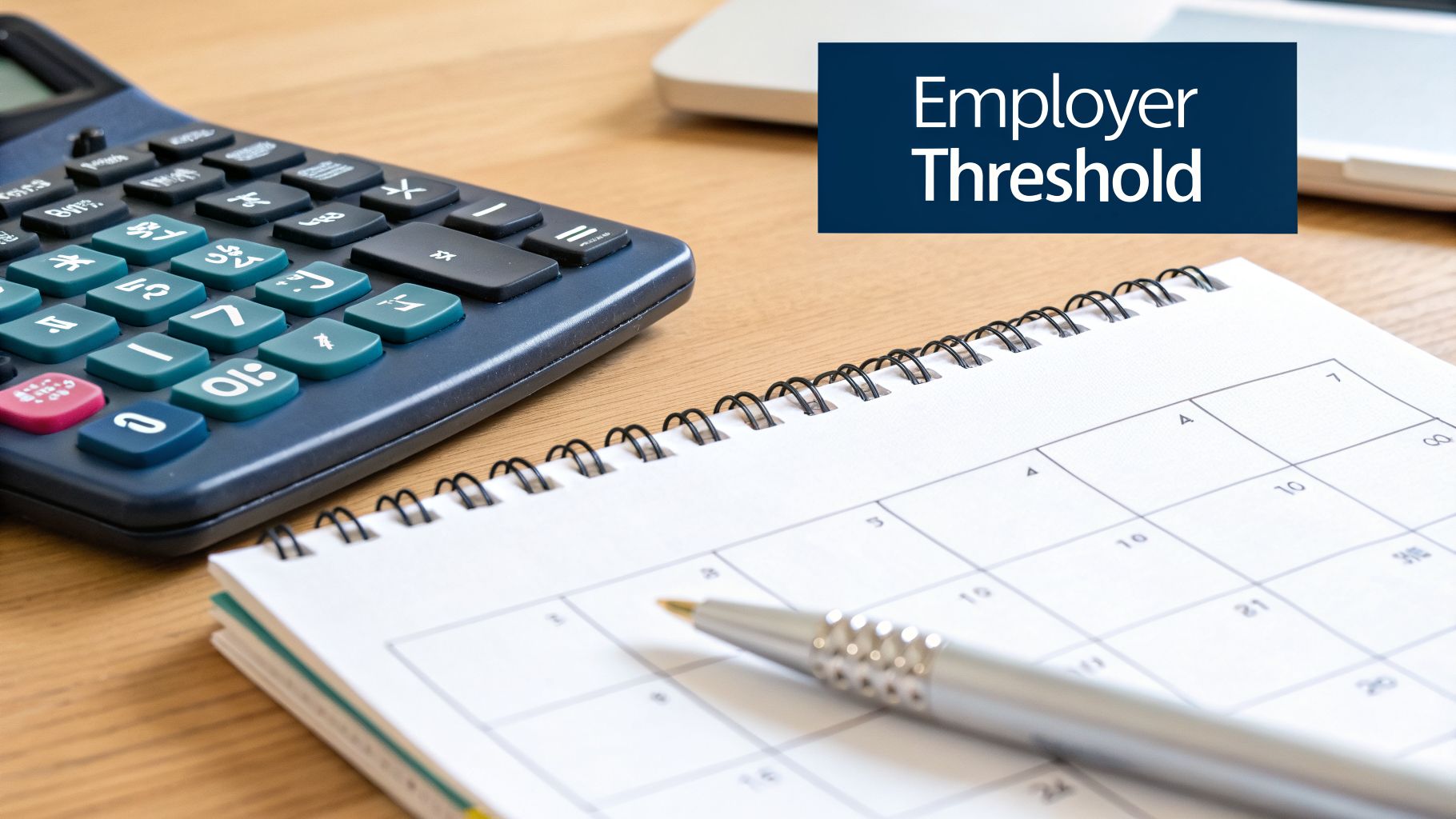 Calculator, calendar, and pen on a desk with 'Employer Threshold' text, symbolizing financial planning.
