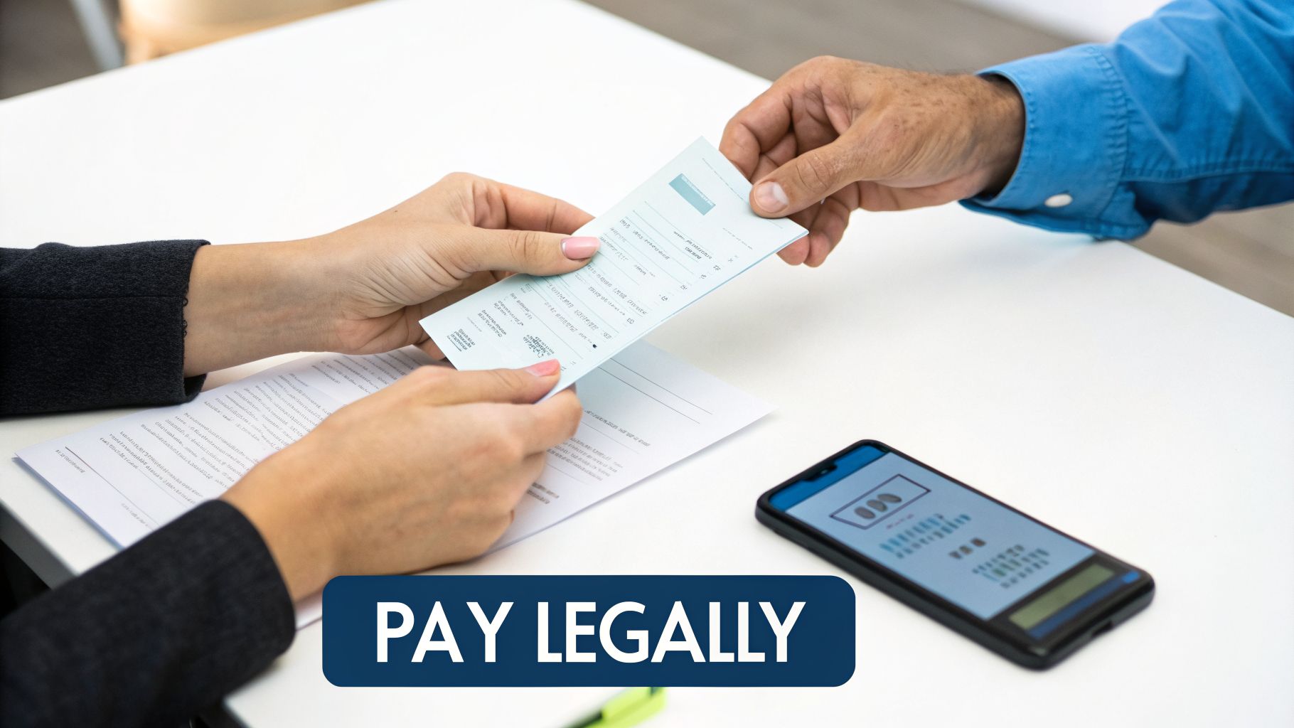 Close-up of two people exchanging a payment document over a white table, with a smartphone and text 'PAY LEGALLY'.