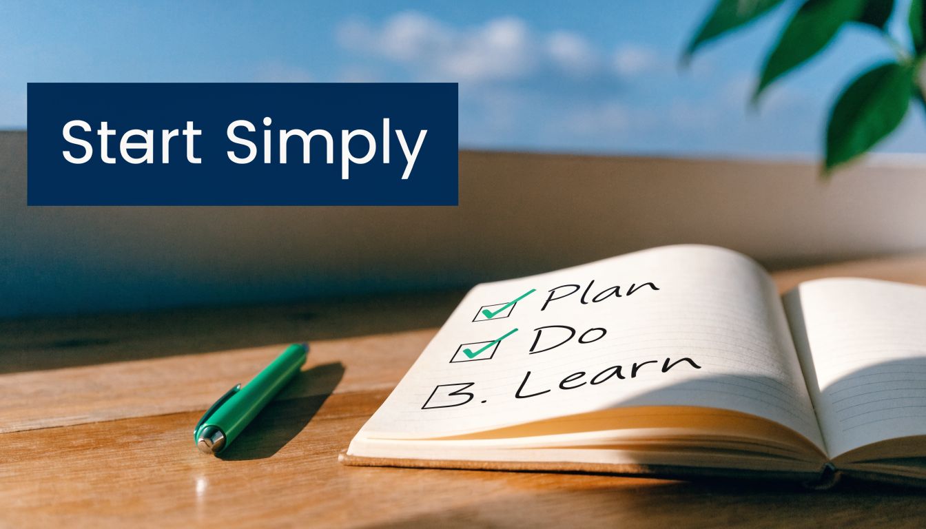 A notepad on a wooden table with a checklist labeled Plan, Do, and Learn with green checkmarks.