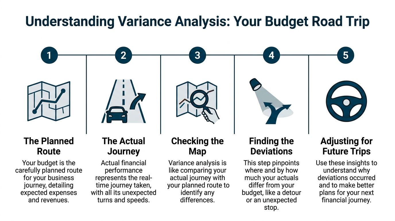 A five-step infographic illustrating variance analysis as a roadmap for business budgeting and financial performance tracking.