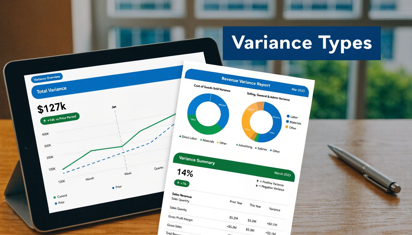 A digital tablet and a printed report showing business financial data and variance analysis charts on a desk.