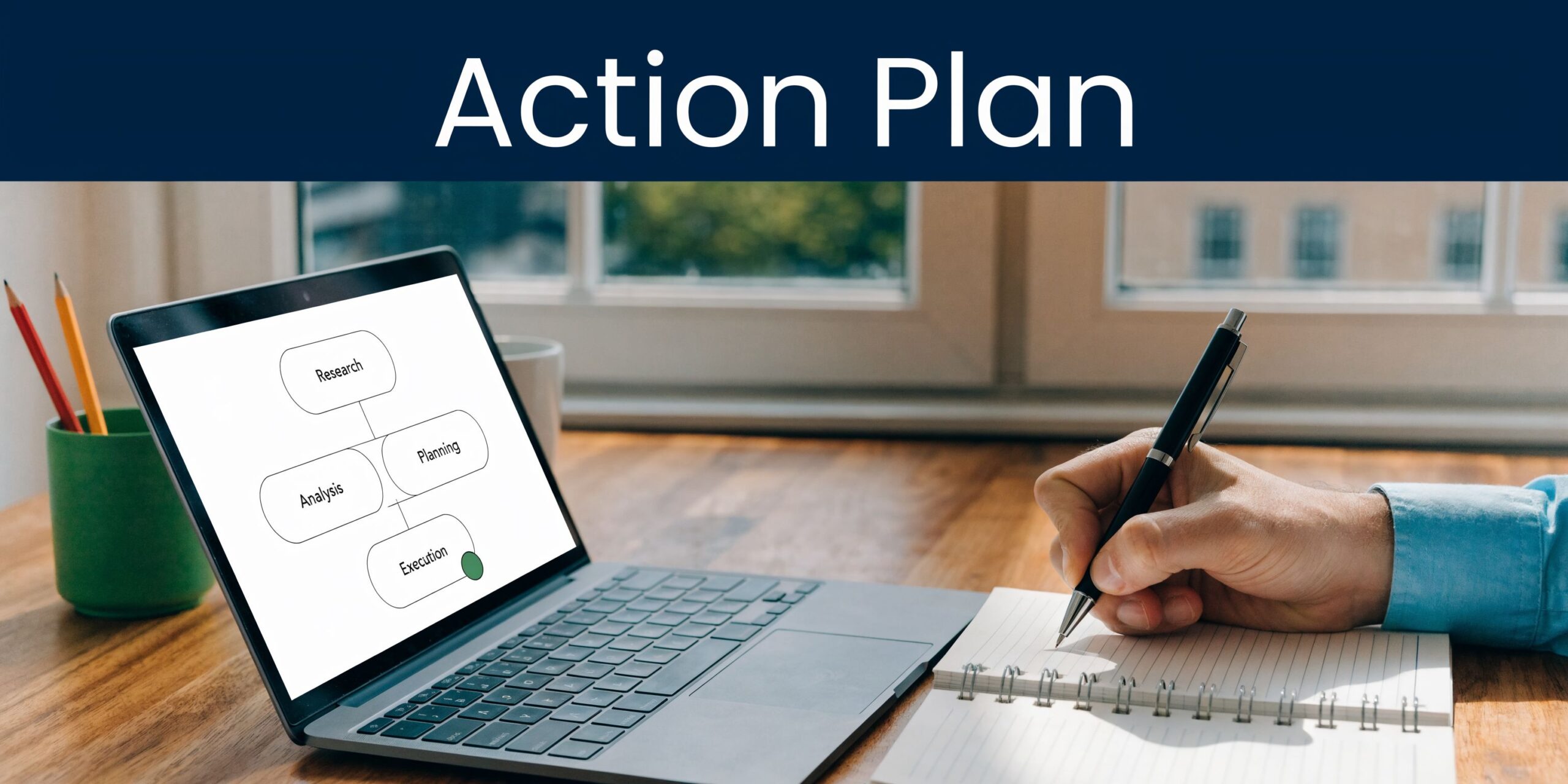 A professional working on an action plan, writing notes while viewing a process flow on a laptop.