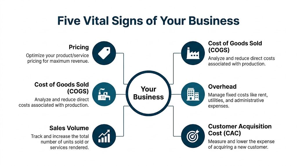 An infographic titled Five Vital Signs of Your Business highlighting key financial metrics for business owners.