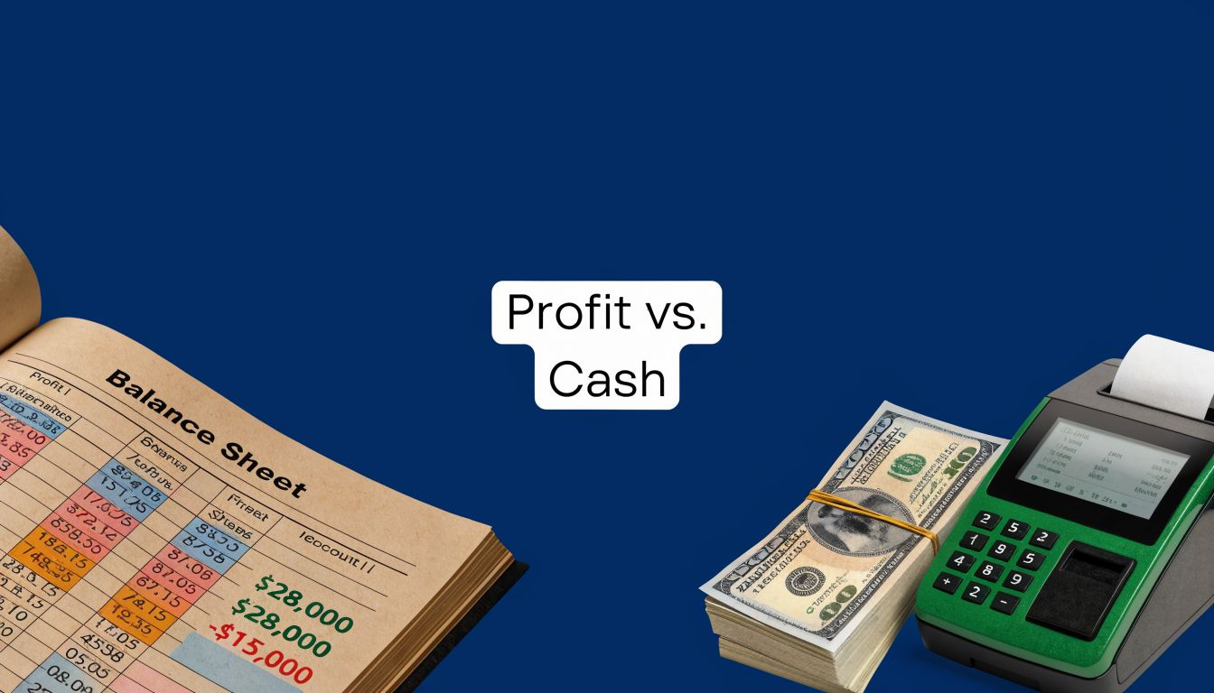 Conceptual image illustrating the financial difference between profit and cash flow with balance sheets and money.