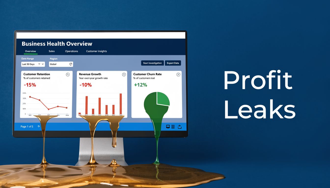 A computer monitor displaying business health metrics with liquid spilling out representing profit leaks.