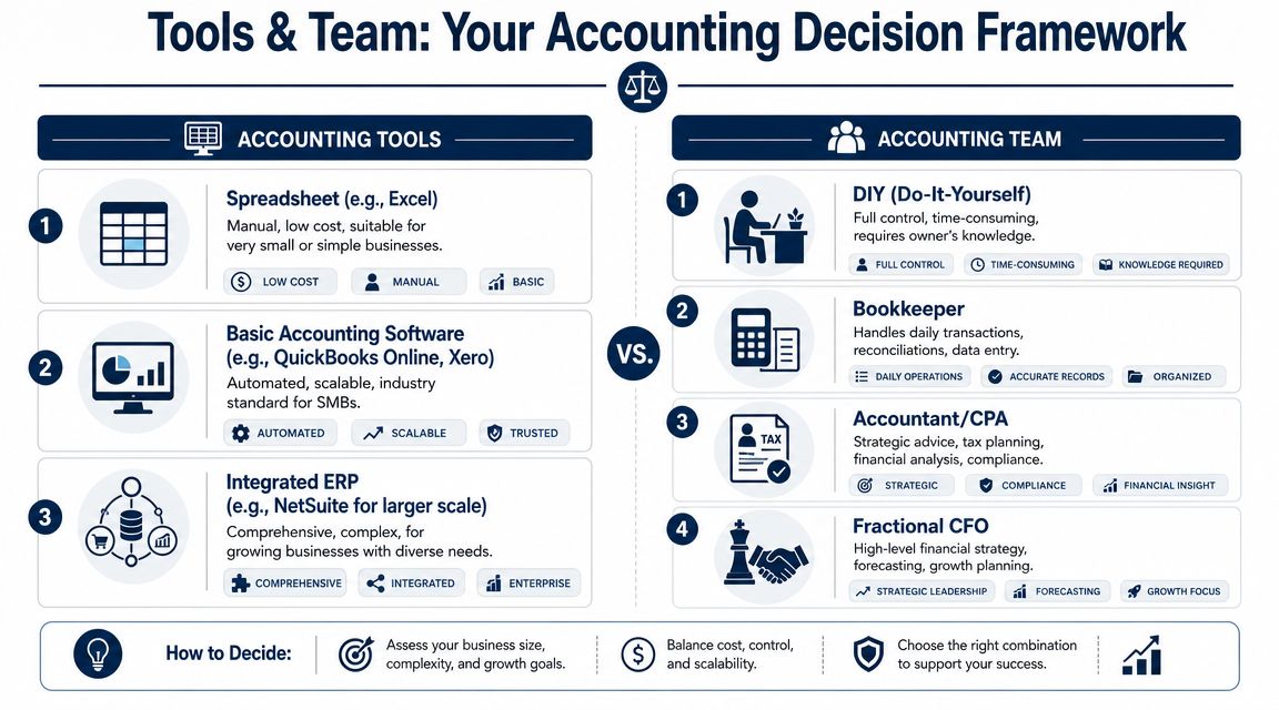 A visual guide comparing accounting tools and professional team roles to help business owners make decisions.
