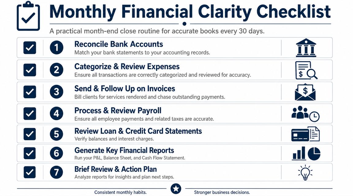 A seven-step monthly financial clarity checklist for small business owners to maintain accurate accounting records.