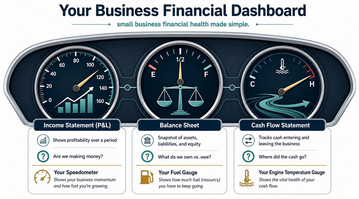 A dashboard visualization representing small business financial health with gauges for income, balance, and cash flow.