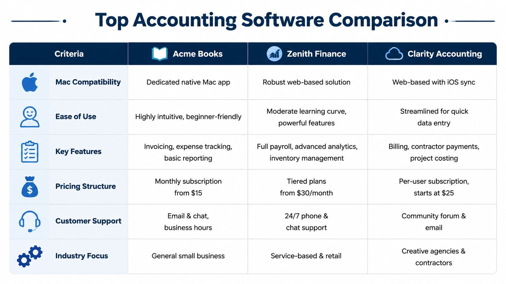 A comparison chart outlining features, pricing, and support for three accounting software options for small businesses.