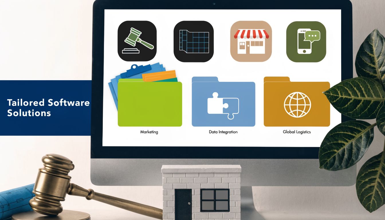 A computer monitor displaying software solution icons next to a physical gavel and house model.