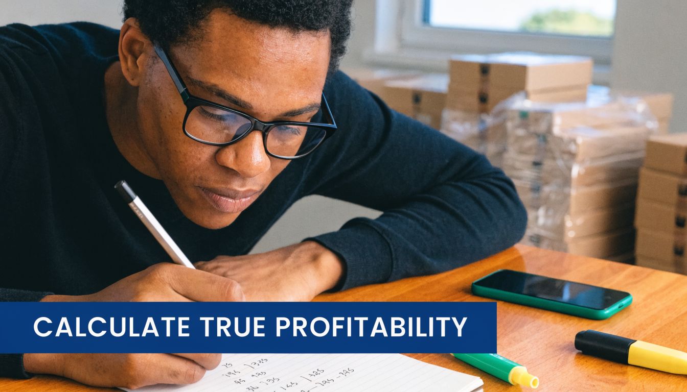 A young man focused on calculating true profitability while writing figures in a notebook at his desk.