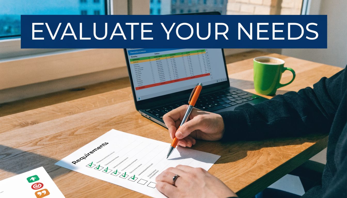 A person fills out a requirements checklist near a laptop showing an accounting software spreadsheet.