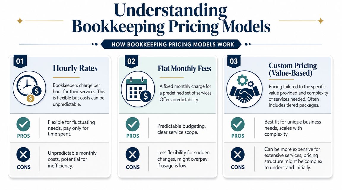 An infographic showing the pros and cons of three common bookkeeping pricing models: hourly, flat, and custom.