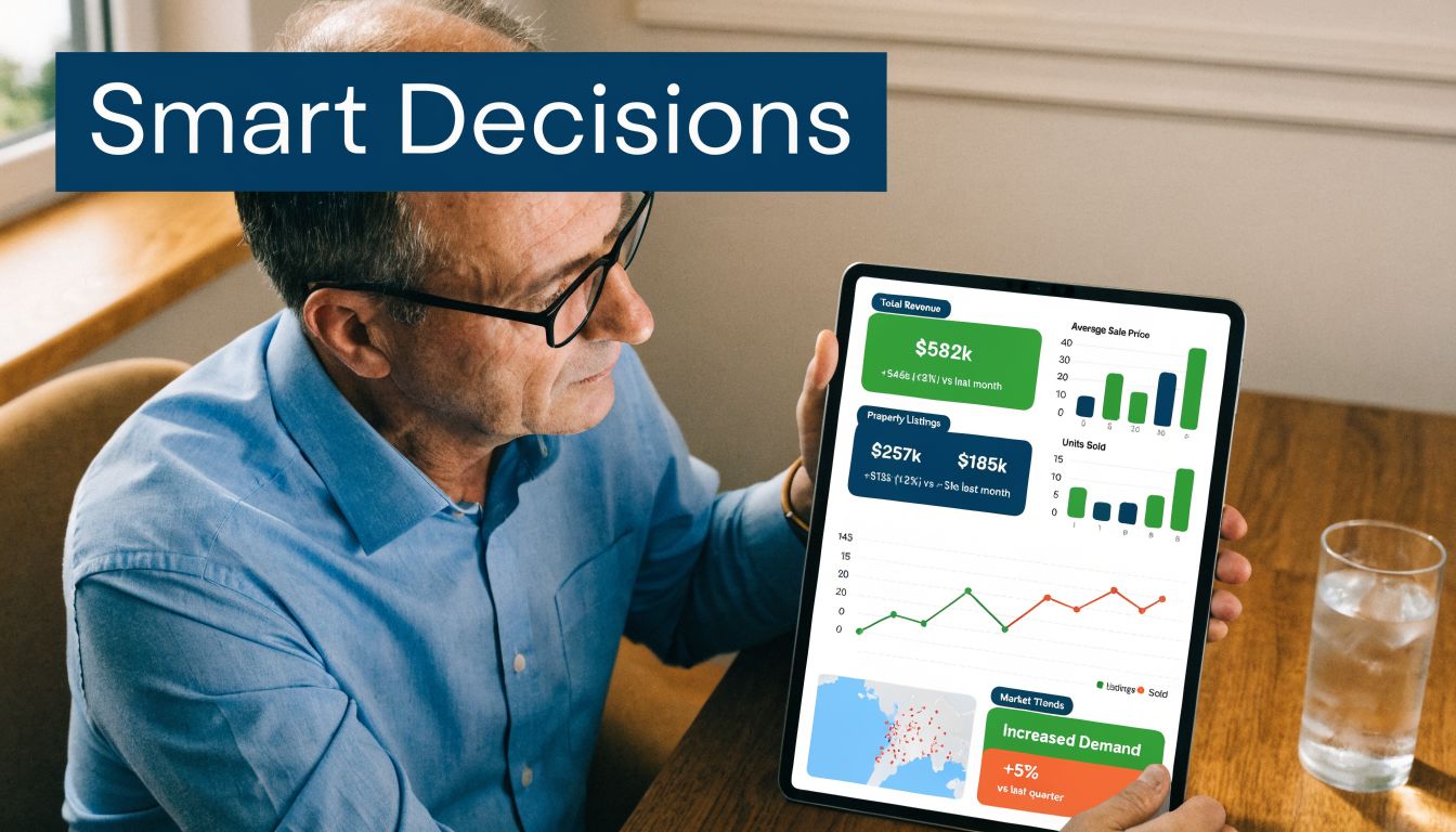 A professional man reviewing real estate business performance metrics on a digital tablet screen at his desk.