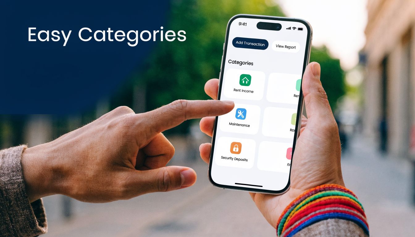 A person using a smartphone app to manage property finances and organize categories for real estate bookkeeping.