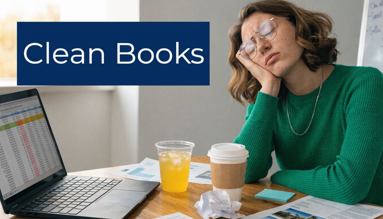 A tired accountant in a green sweater working on complex bookkeeping spreadsheets on a laptop.