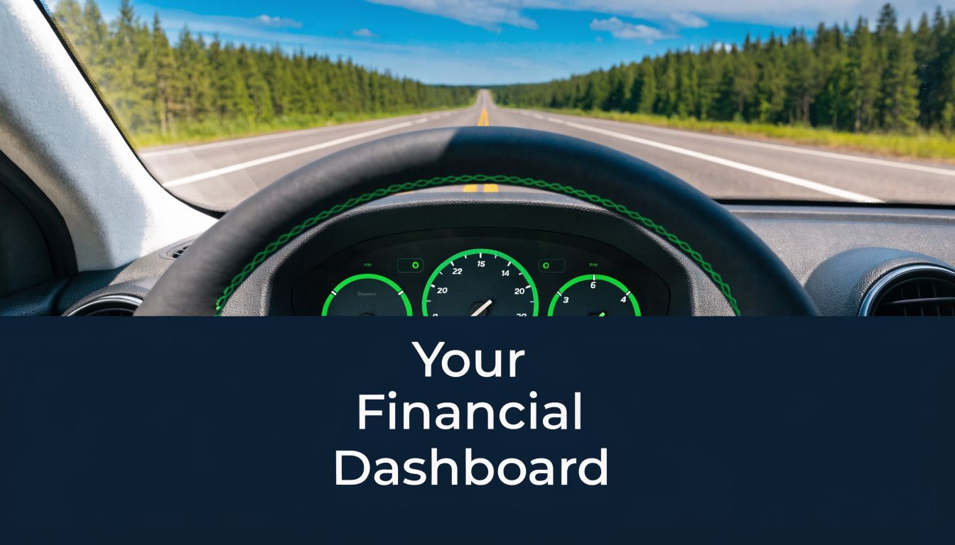 A view from inside a car looking at the road, overlaid with a financial dashboard graphic.