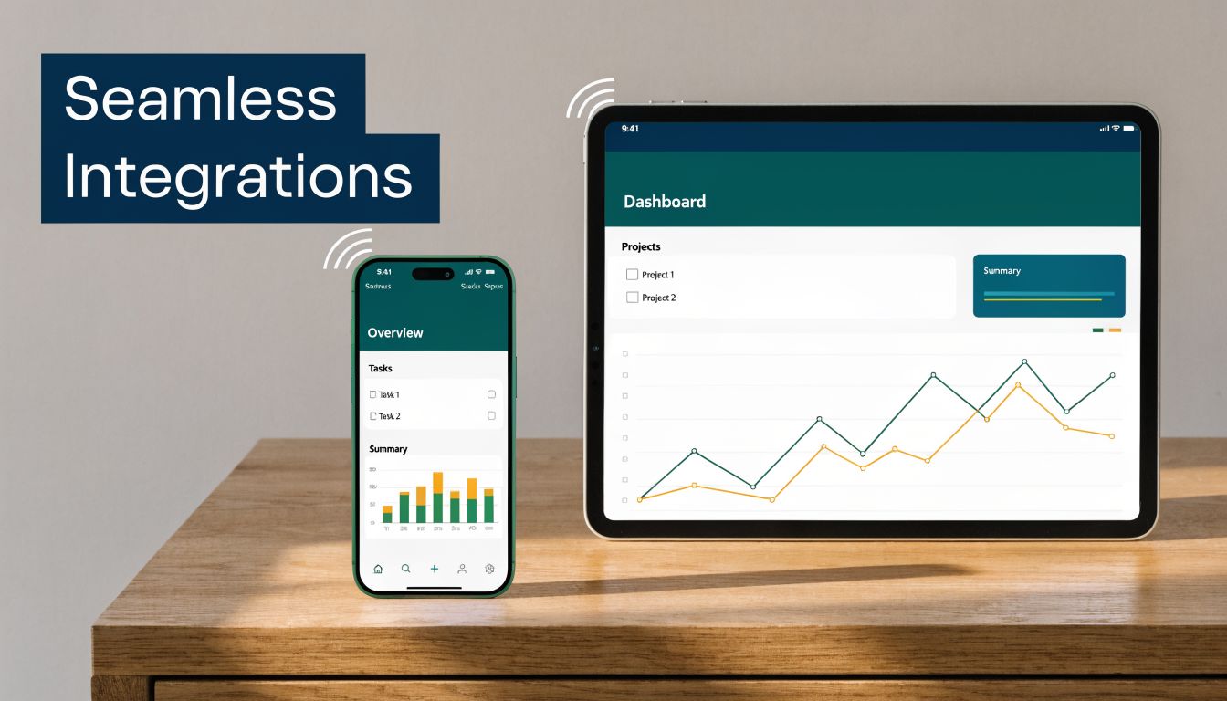 A smartphone and tablet displaying task management and analytics software on a wooden desk, symbolizing seamless integration.