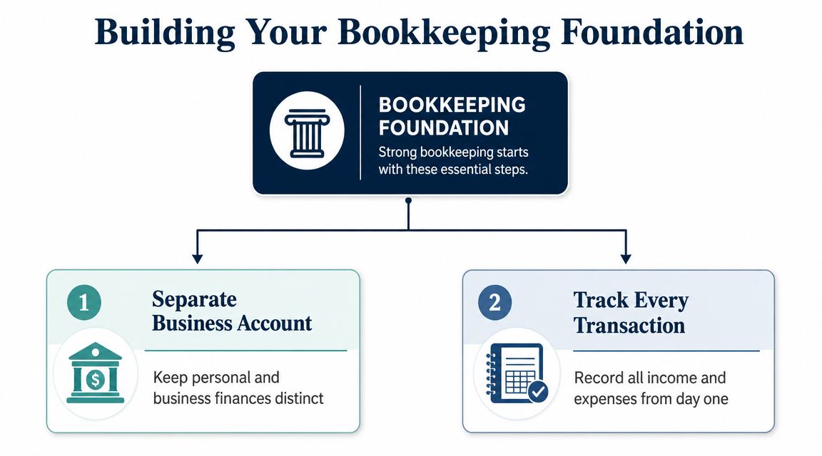 A diagram outlining two essential steps for building a bookkeeping foundation for a small business.