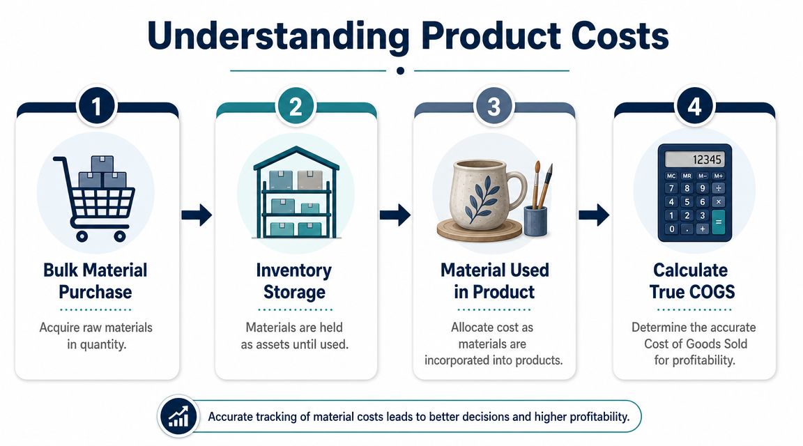 A four-step infographic illustrating the product cost process, from material purchase and storage to final COGS calculation.