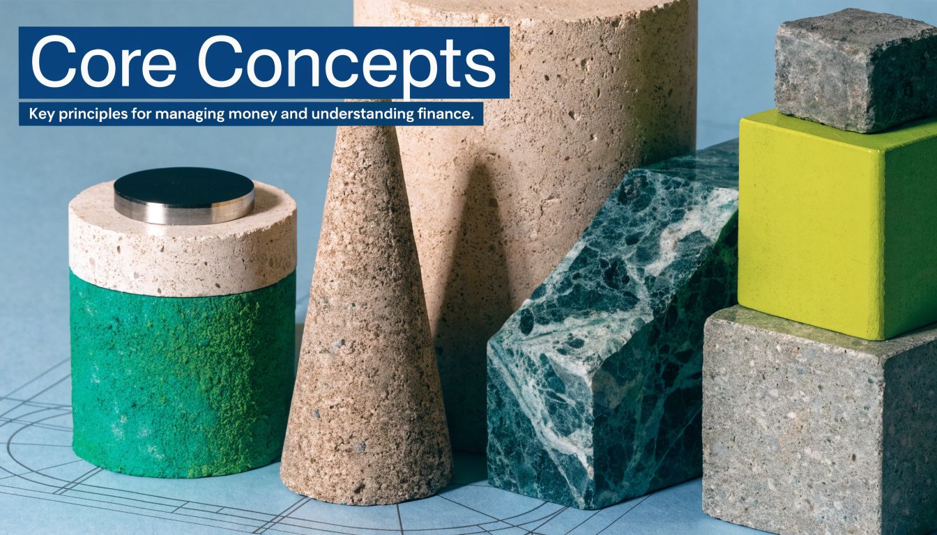 Abstract geometric stone sculptures arranged on a blueprint background with the title Core Concepts above.