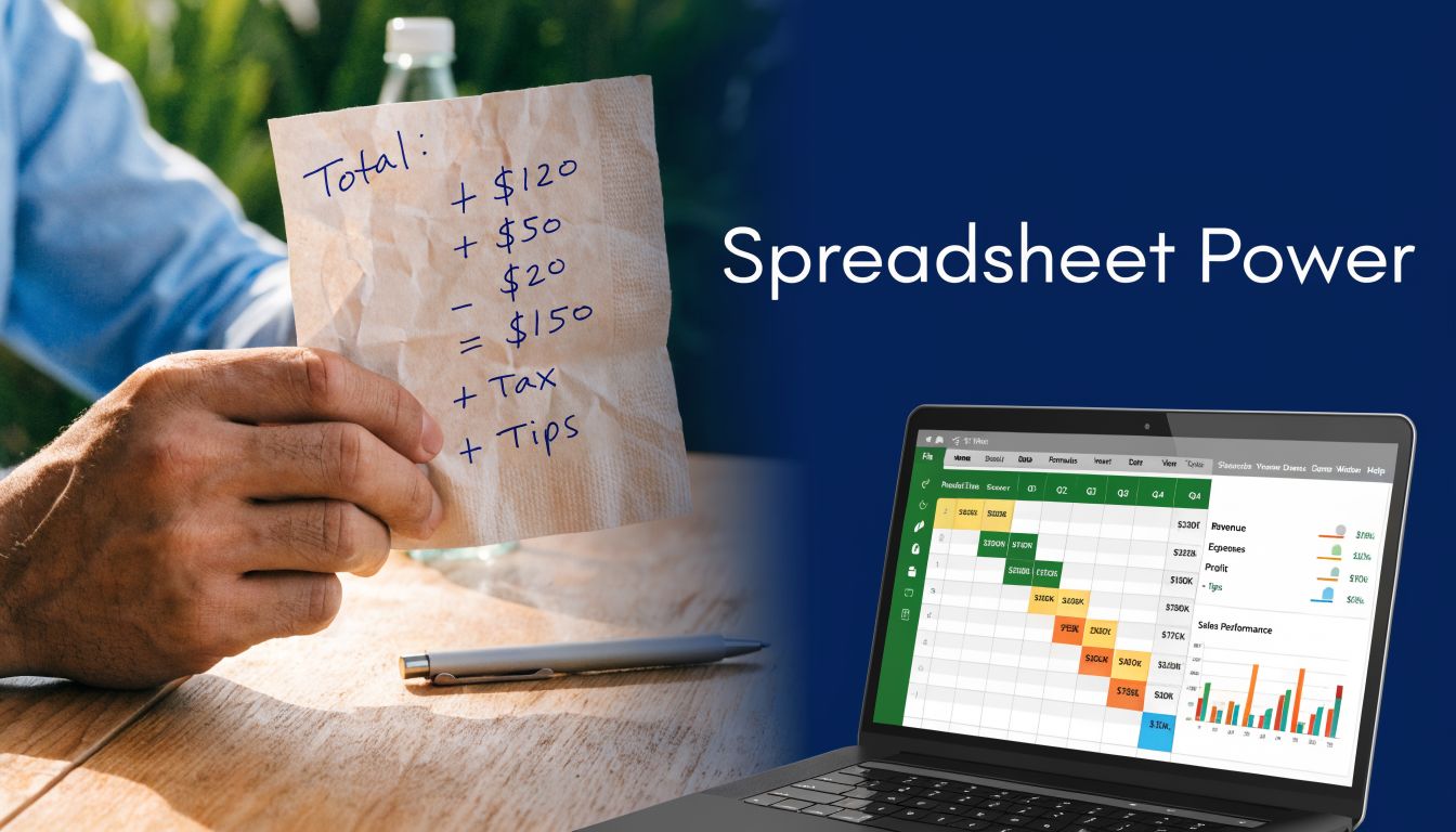 A person holding a handwritten note with financial calculations next to a laptop displaying business spreadsheets.