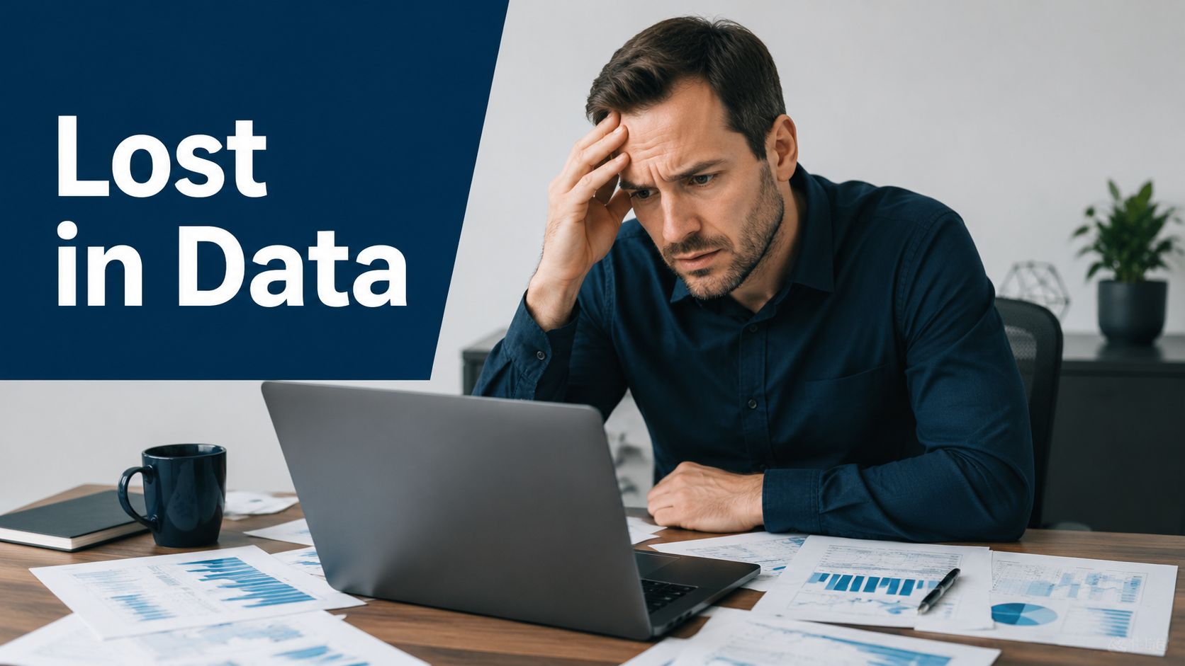 A frustrated businessman sits at a desk looking at a laptop surrounded by complex business data reports.