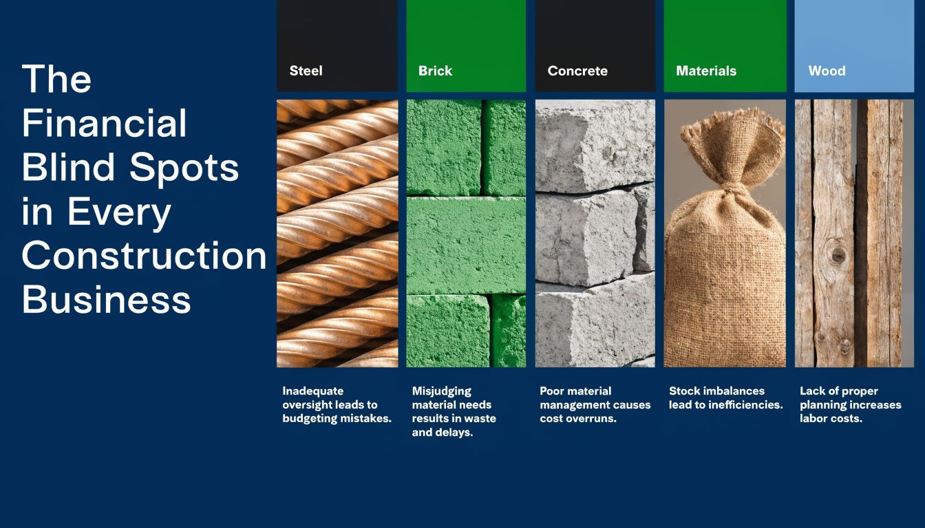 A graphic illustration detailing common financial blind spots and inefficiencies within various construction material management processes.