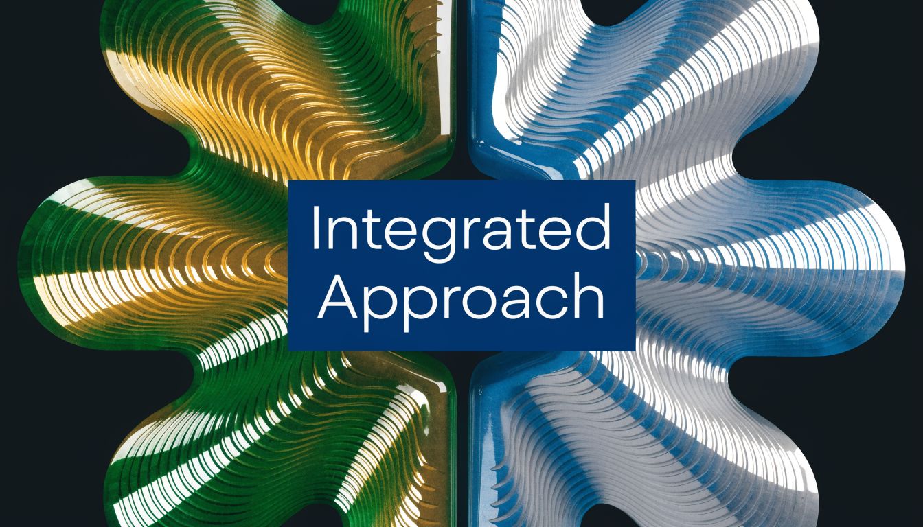 A graphic design showing an abstract shape with green and blue waves behind the text Integrated Approach.