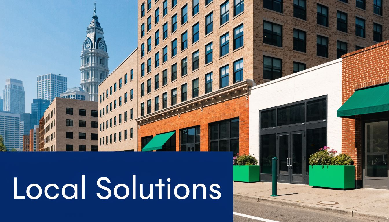 A modern cityscape featuring a historic clock tower and urban buildings with street-level retail storefronts.