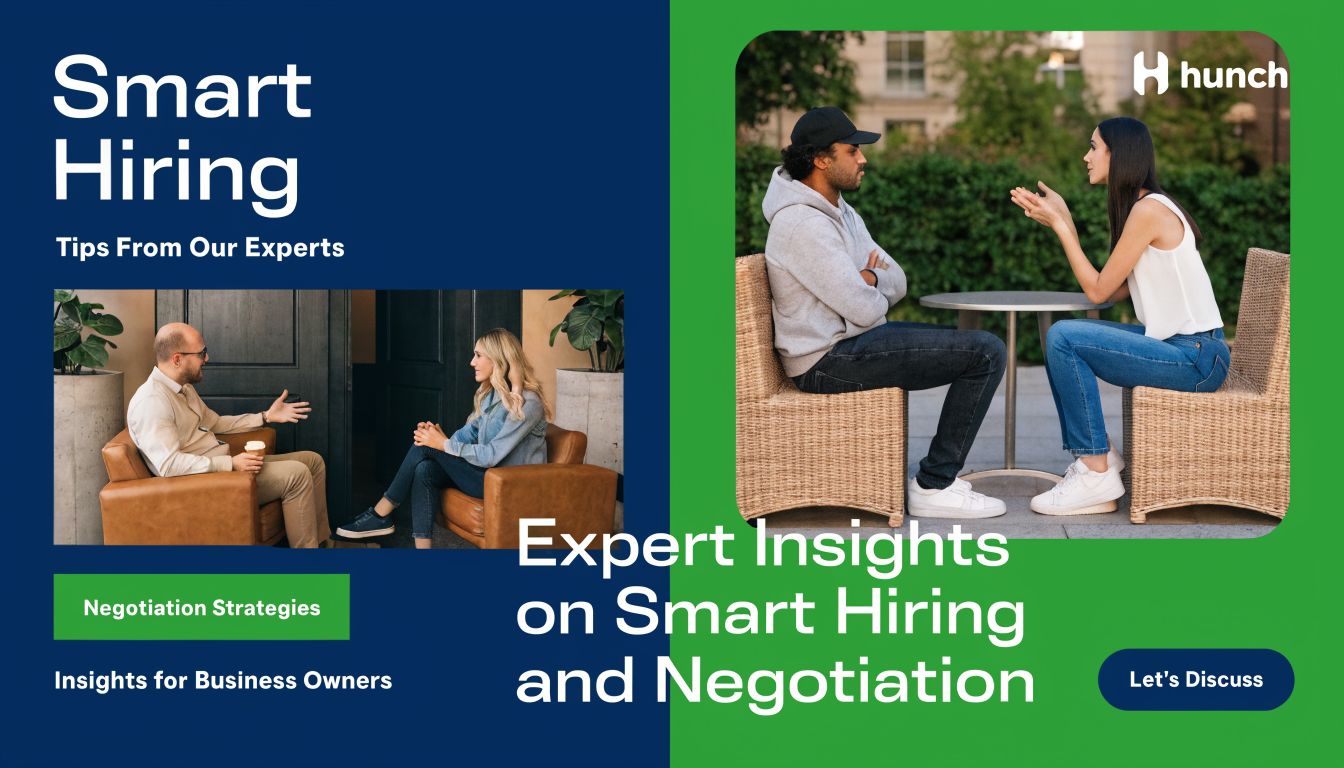 A professional graphic featuring business hiring tips and negotiation strategies with images of people discussing careers.