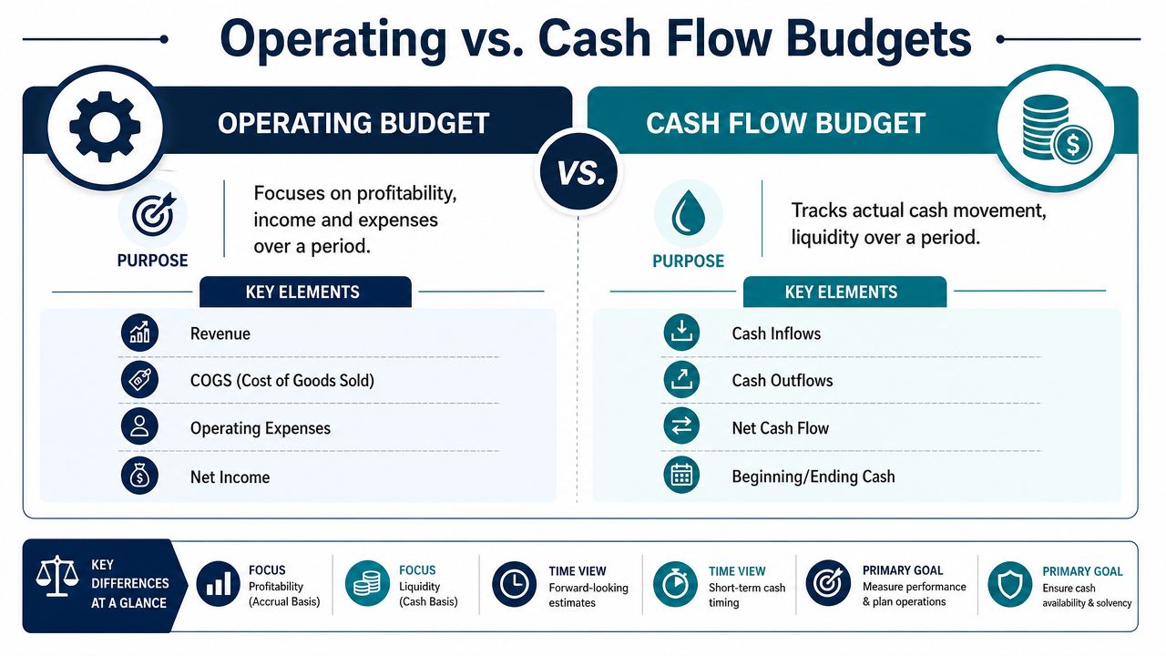 An infographic comparing operating budgets versus cash flow budgets, detailing their specific purposes, key elements, and differences.