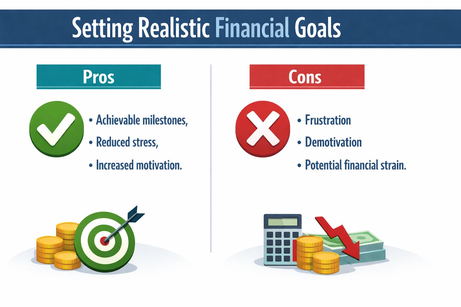 An infographic comparing the pros and cons of setting realistic financial goals for effective personal money management.