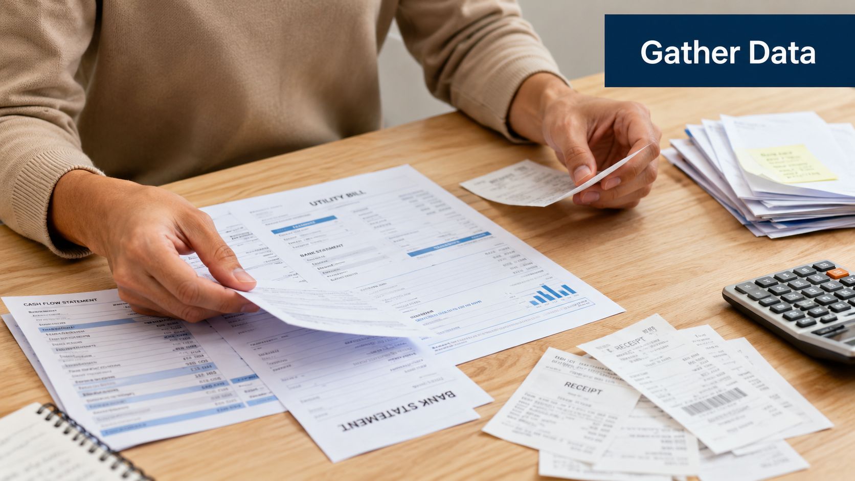 A person organizing financial documents including receipts, bank statements, and a calculator on a wooden desk.