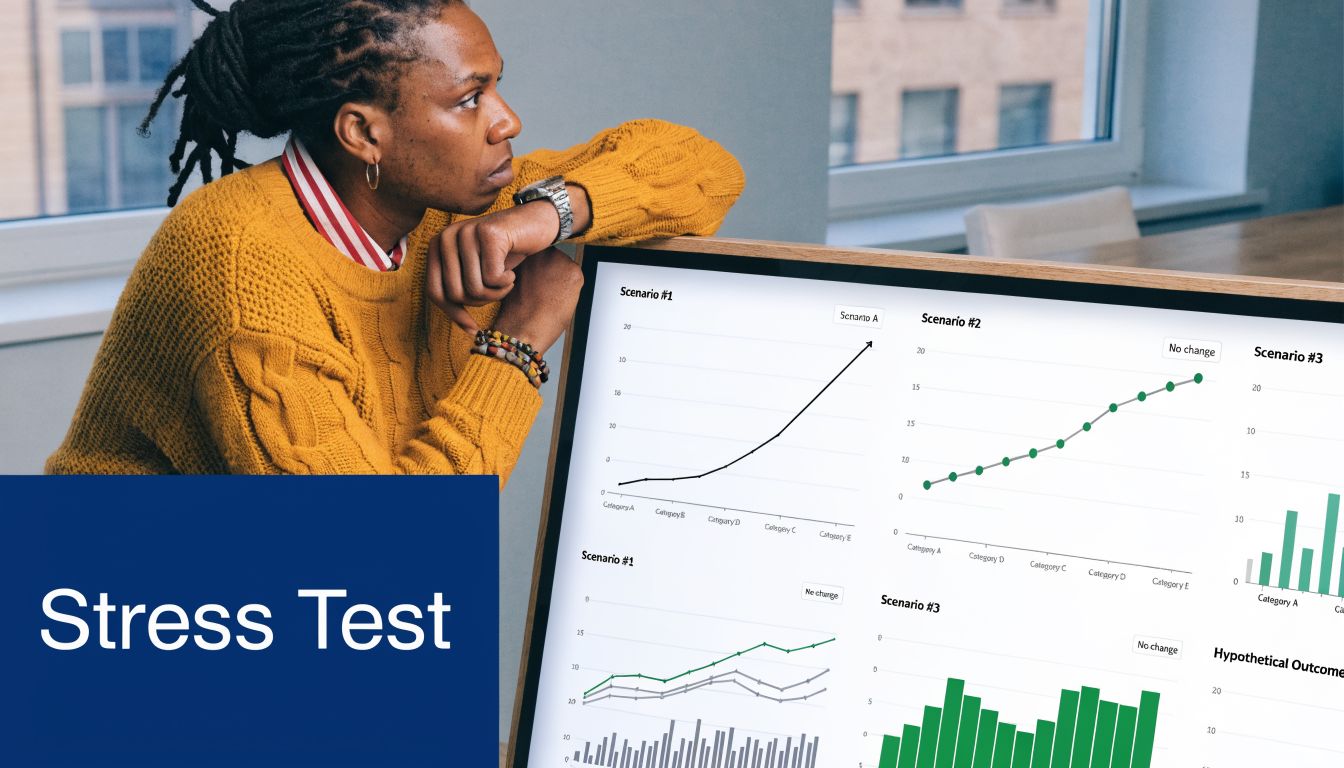 A person observing financial charts and scenario modeling on a screen for revenue forecasting.
