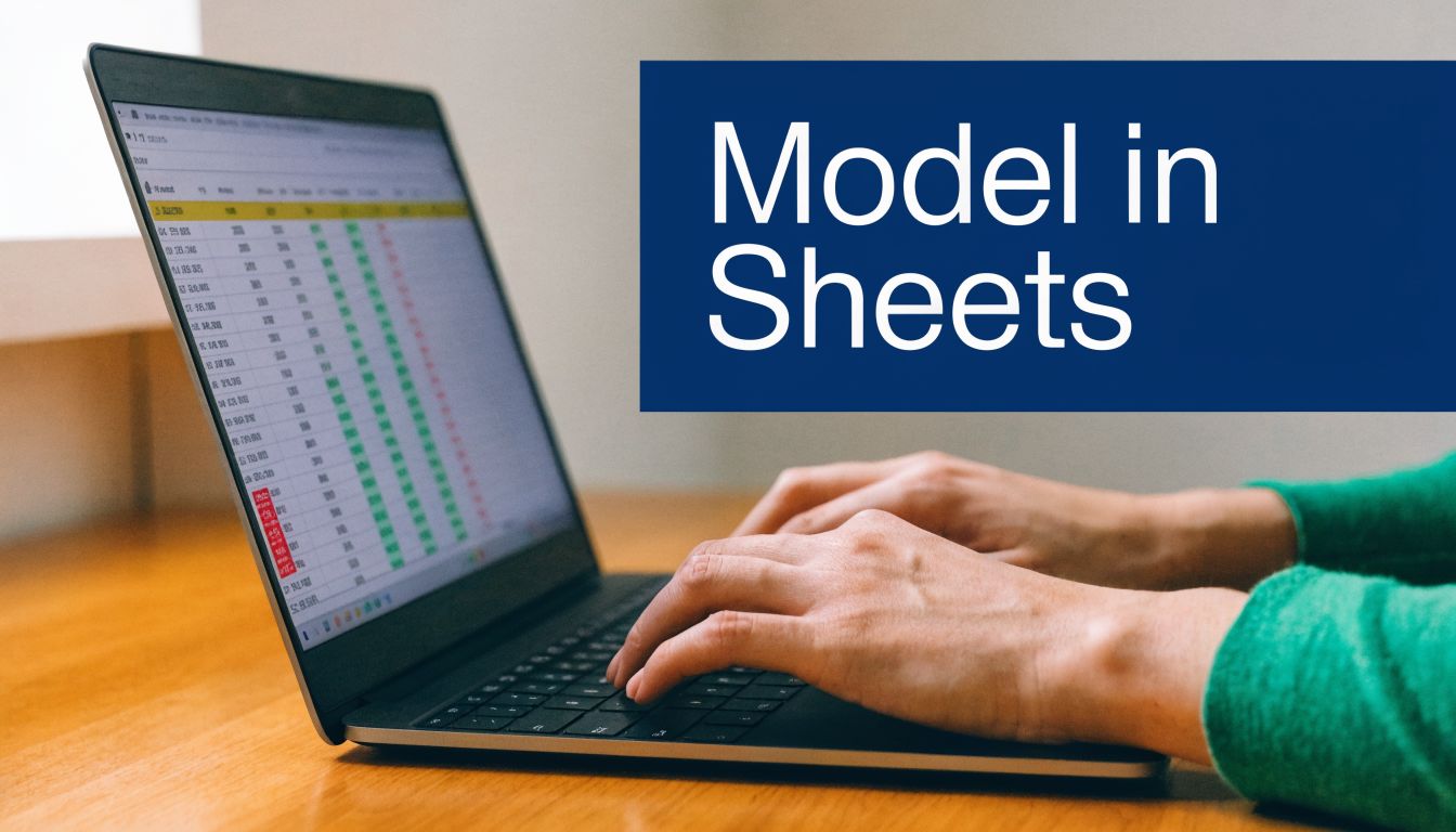 A close-up view of a person using a laptop to analyze a financial model in Google Sheets.