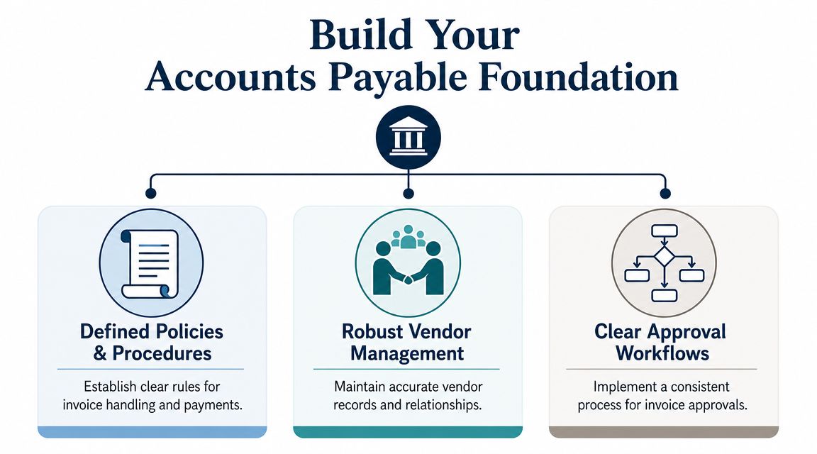 A diagram illustrating three key pillars for building an effective accounts payable foundation in a business.