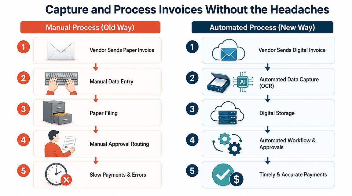 A comparison infographic showing manual invoice processing versus an automated, efficient digital accounting workflow process.