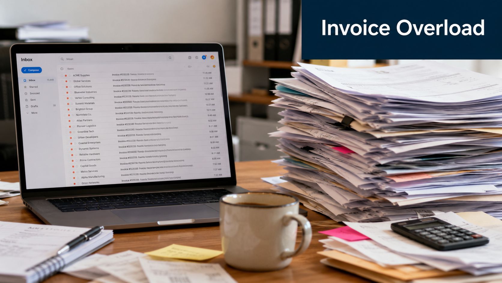 A laptop showing an overflowing email inbox sitting next to a huge pile of paper invoices.