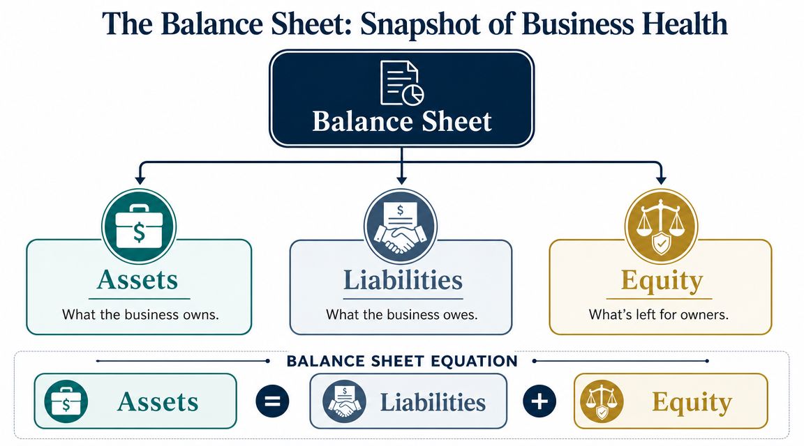 A diagram illustrating the basic components of a balance sheet including assets, liabilities, and owner's equity.