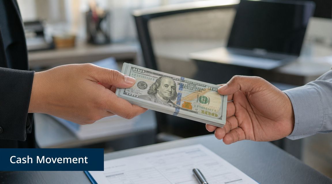 A close-up view of two people exchanging a stack of US one hundred dollar bills over a desk.